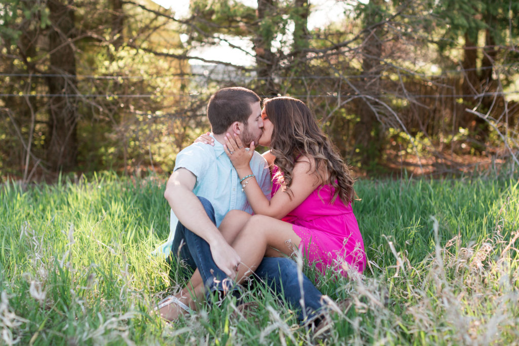 Couple sitting in the grass kissing in Normal, Illinois 