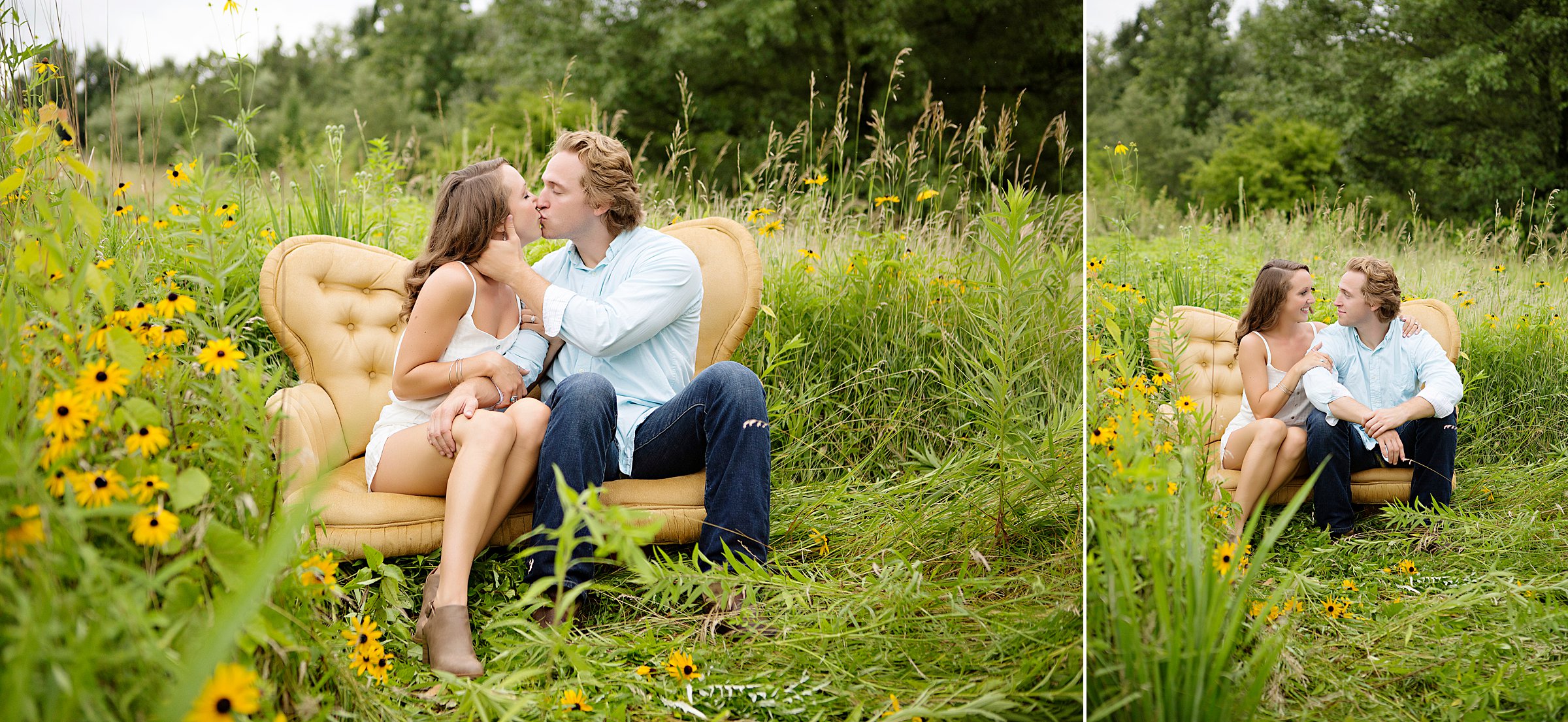 Couple cuddling on yellow couch out in the tall grass at Lake of the Woods in Mahomet, Illinois 