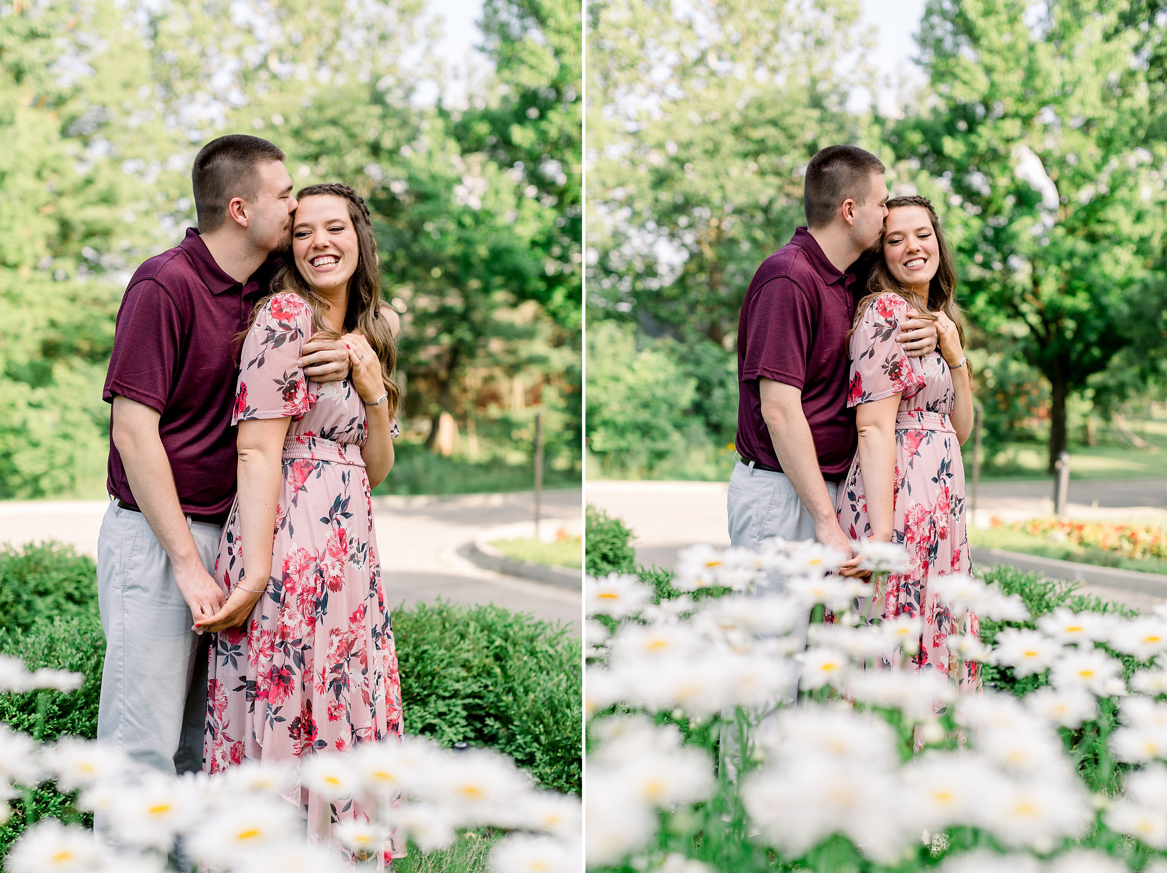 Engagement pictures at Coxhall Gardens in Carmel Indiana. Couple posing behind flowers for photos. 