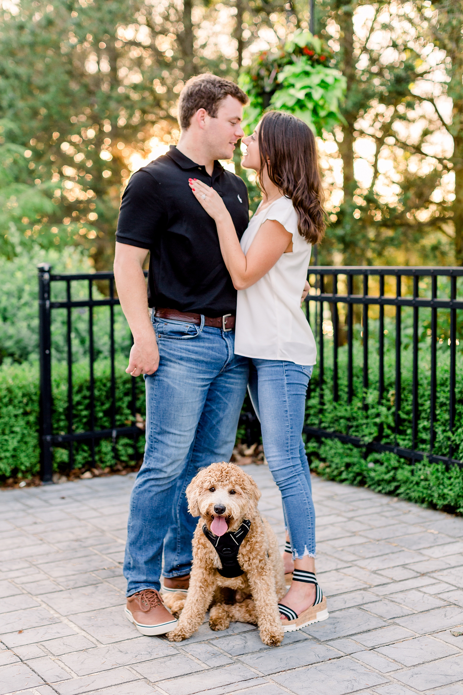 Dog looking at camera between young couple who are standing slightly behind the dog cuddling for engagement photos at Coxhall Gardens in front of the sunset and a black fence. 