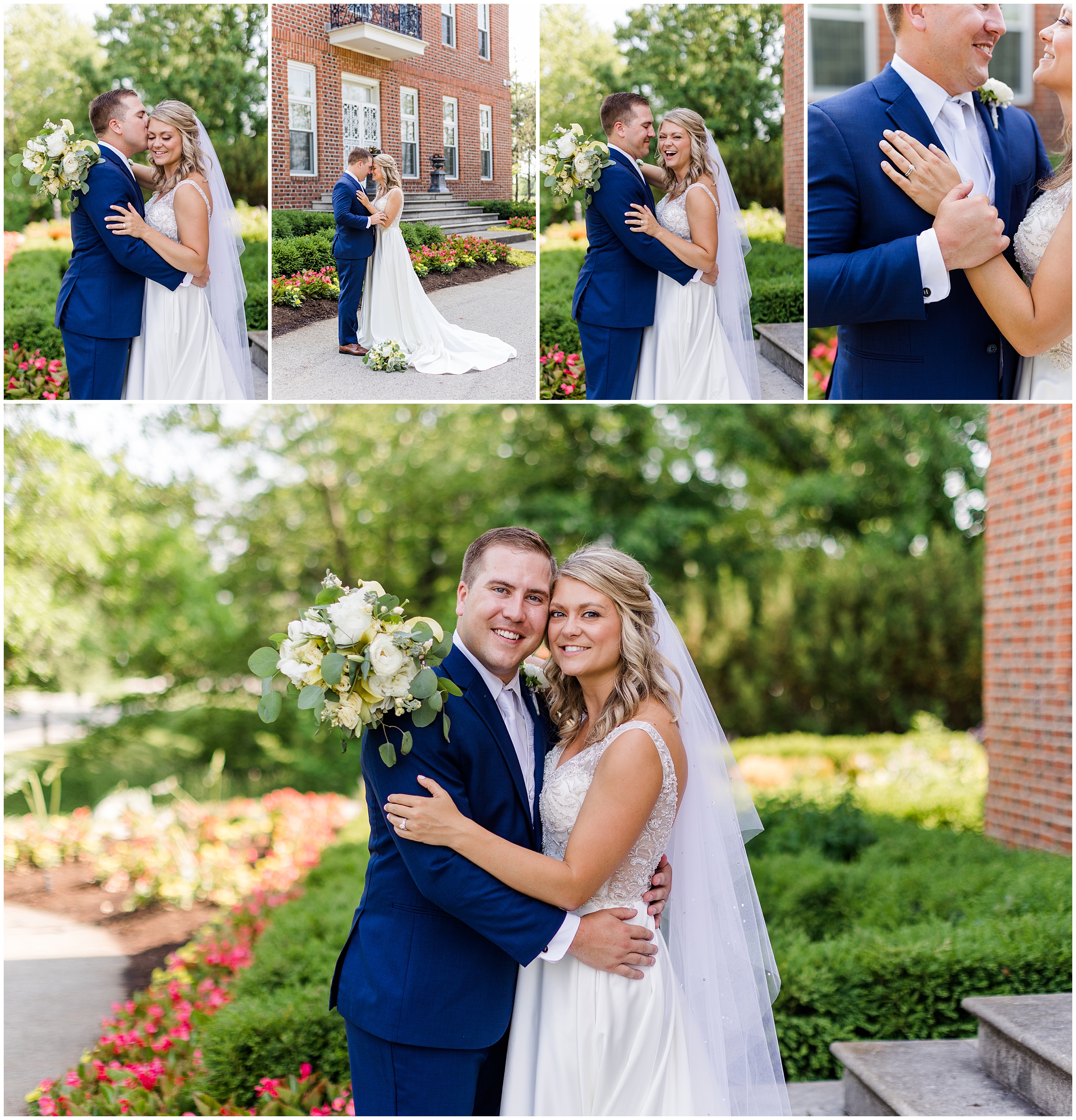 Bride and groom taking summer wedding photos at Coxhall Gardens in Carmel, Indiana with wedding photographer Jennifer Council. 