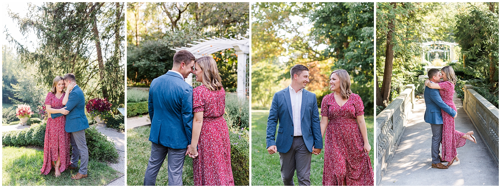 Four images of a couple taking engagement photos at the Lilly House at the Indianapolis Museum of Art. 